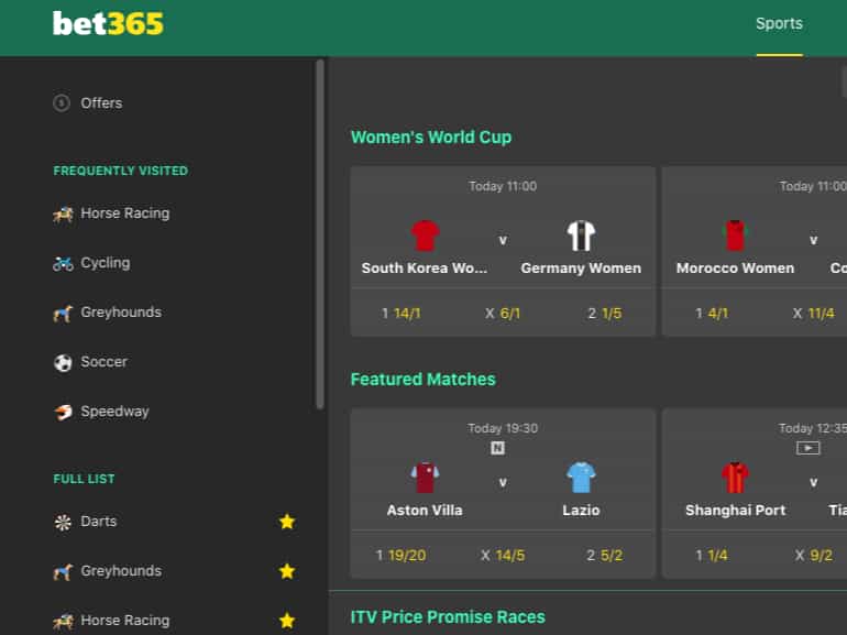 Bet365 Sports Homepage