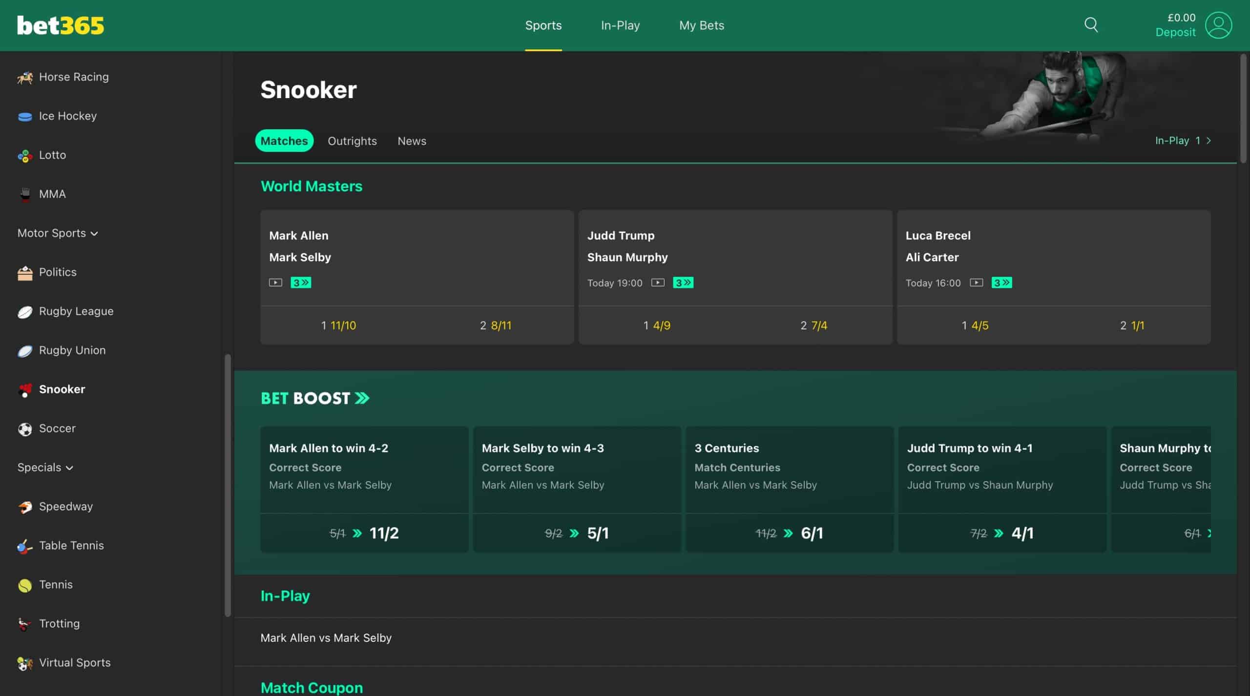 bet365 snooker page