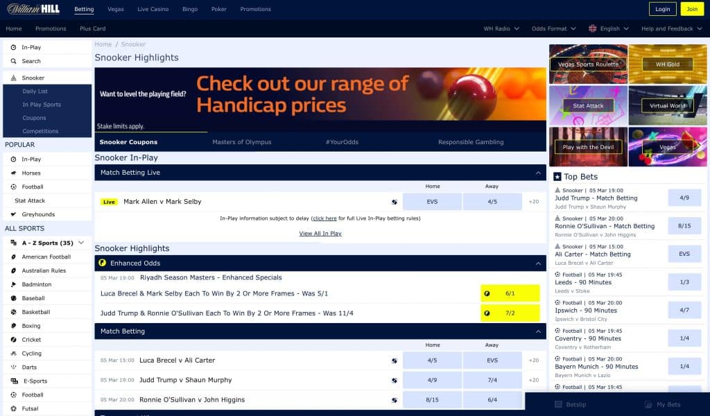 William Hill snooker page