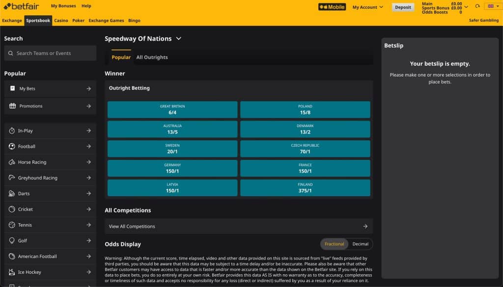 Speedway section on Betfair