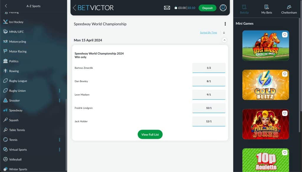 Speedway betting on BetVictor