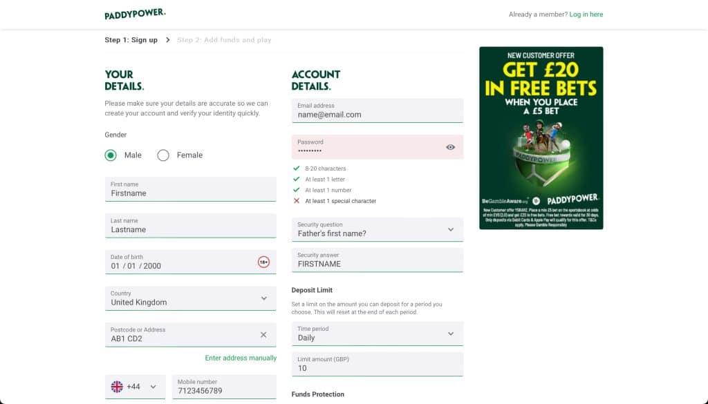 Paddy Power registration page