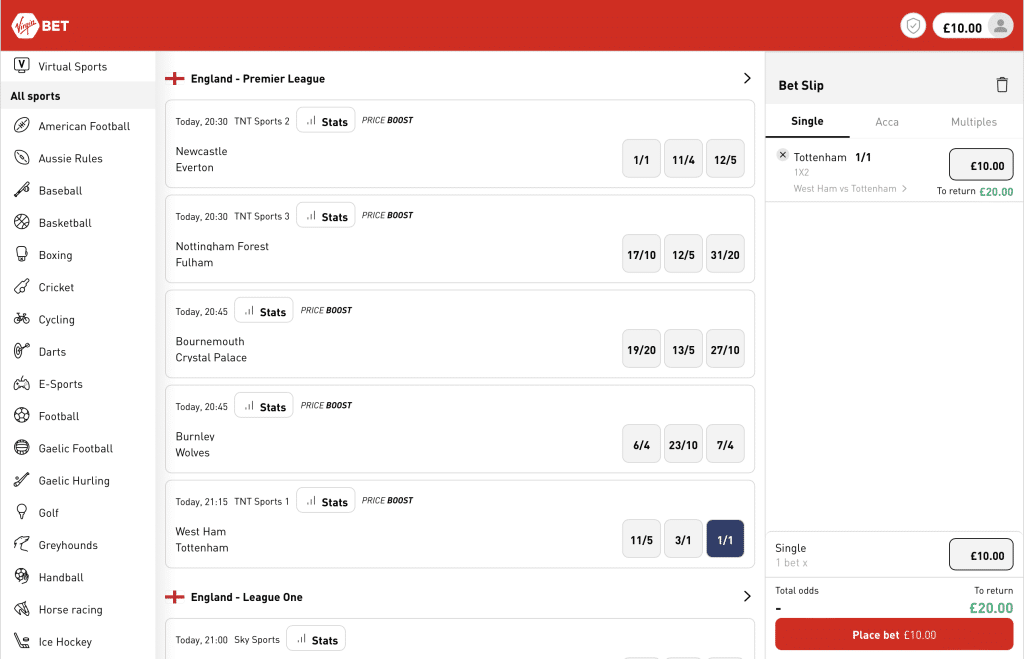 Virgin Bet place bet page