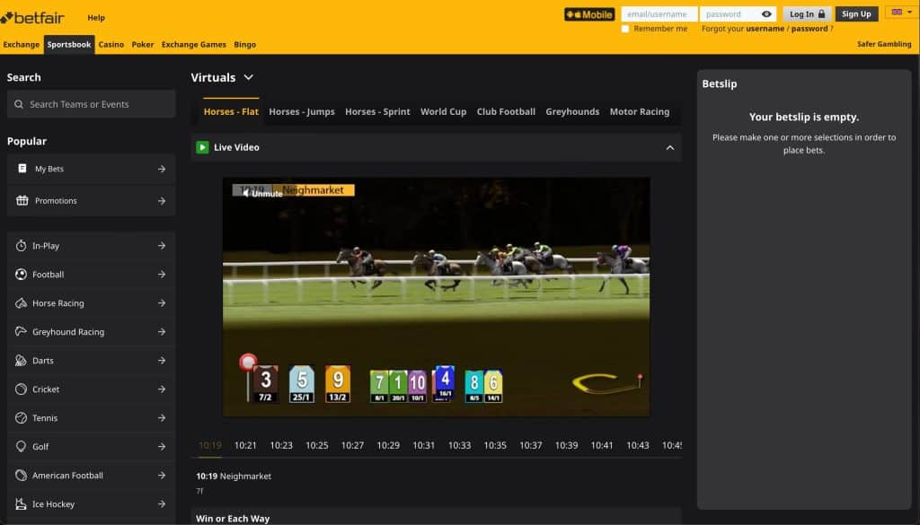 Betfair virtual horse racing page