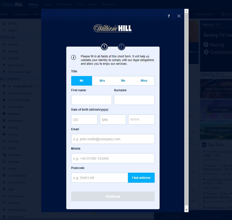 William Hill Sign Up Form