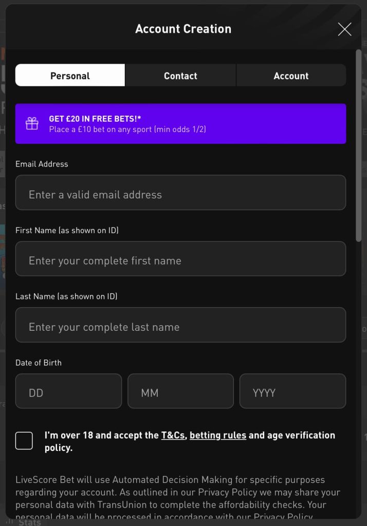LiveScore Bet registration form