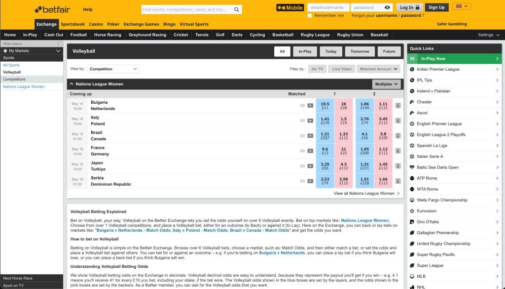 Betfair volleyball betting page