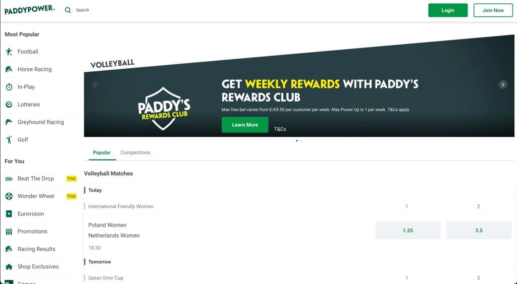 Paddy Power volleyball betting page