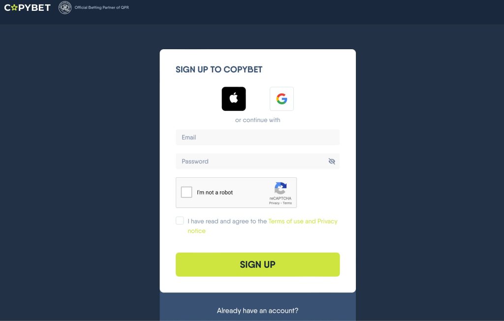 Copybet sign-up page
