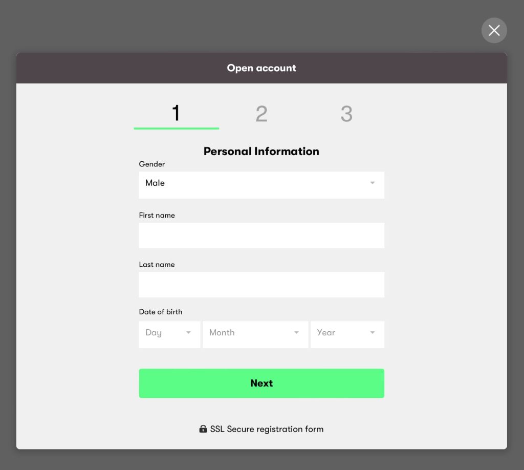 The sign-up form for 10bet