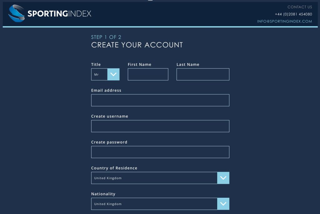 Sporting Index sign-up page
