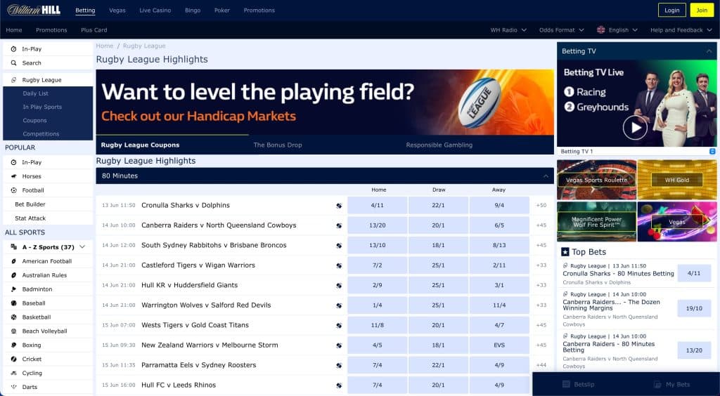 William Hill rugby league page