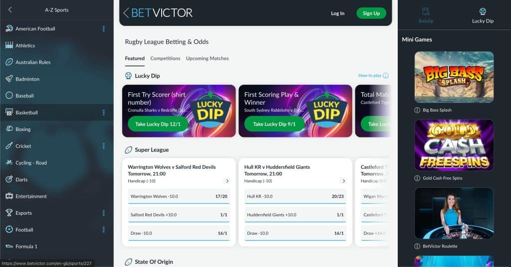 Betvictor rugby league page