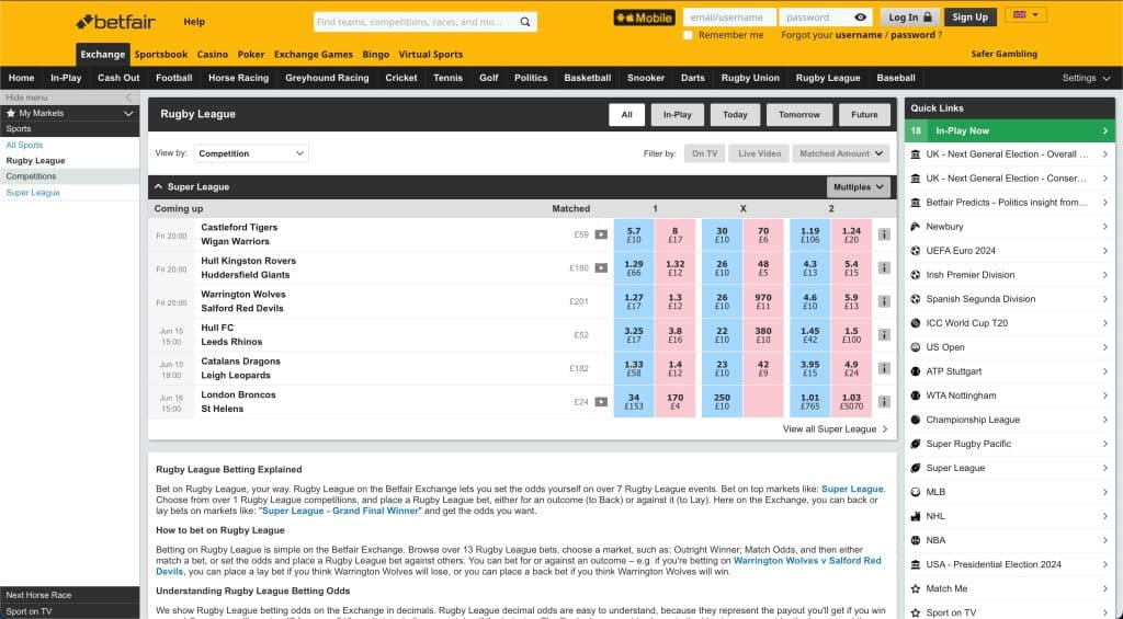 Betfair rugby league betting page